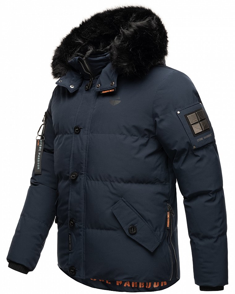 Stone Harbour Halvaar Herren Winterjacke gesteppt Navy mit Schwarzem Kunstfell Gr. 46 - S