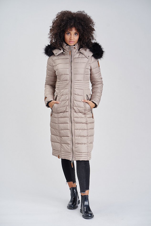 Navahoo Umay Damen Steppmantel Winterjacke mit Fellkragen Taupe Gr. 36 - S