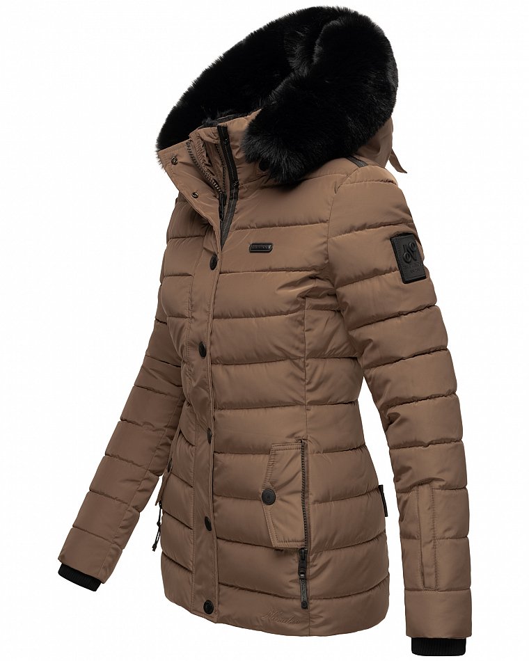 Navahoo Milianaa Damen Winter Steppjacke gefüttert Kapuze mit Kunstfell Taupe Gr. 34 - XS