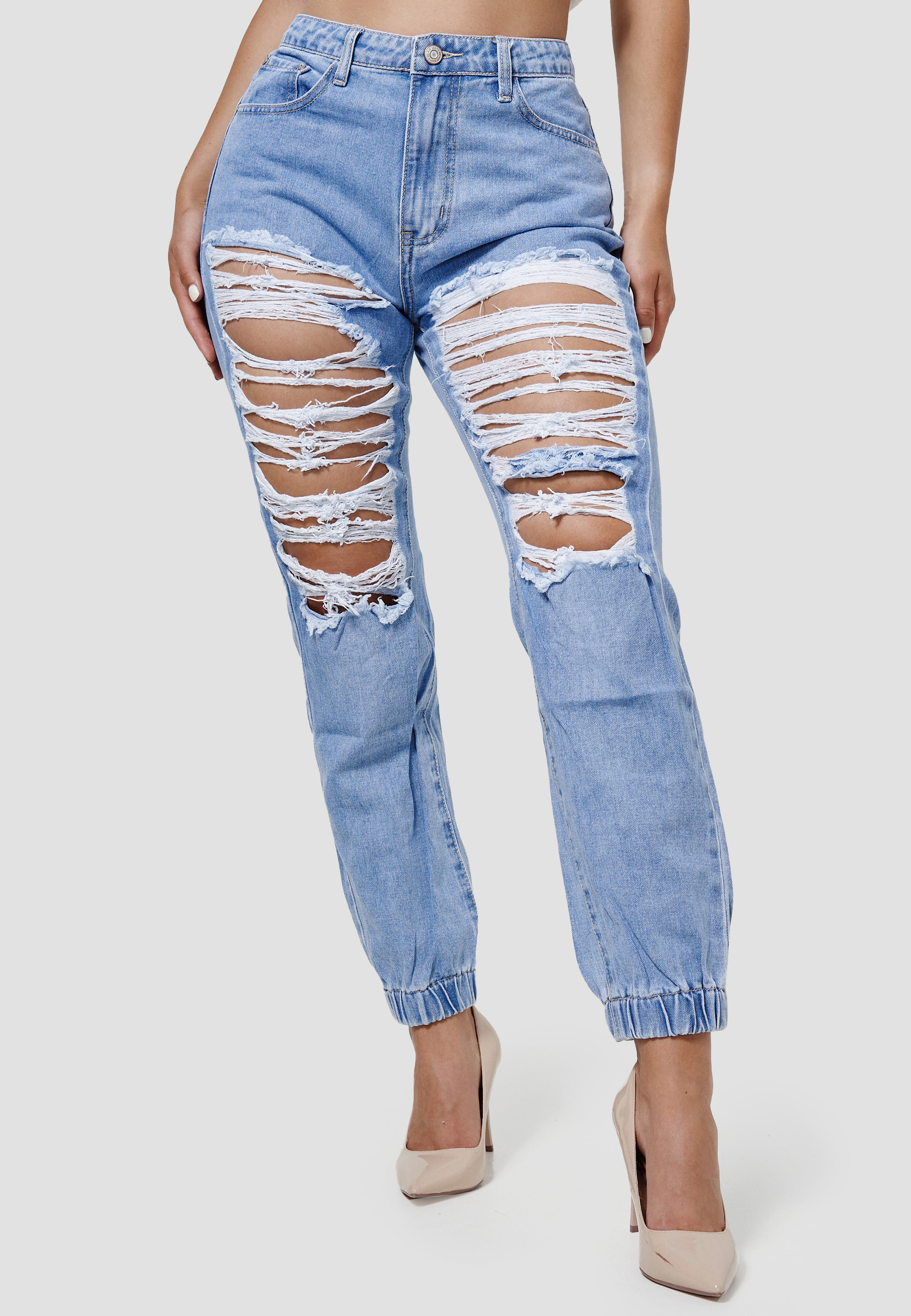 Rockige Damen Ripped Destroyed Highwaist Jeans E1568 Blau Gr. 34 - XS