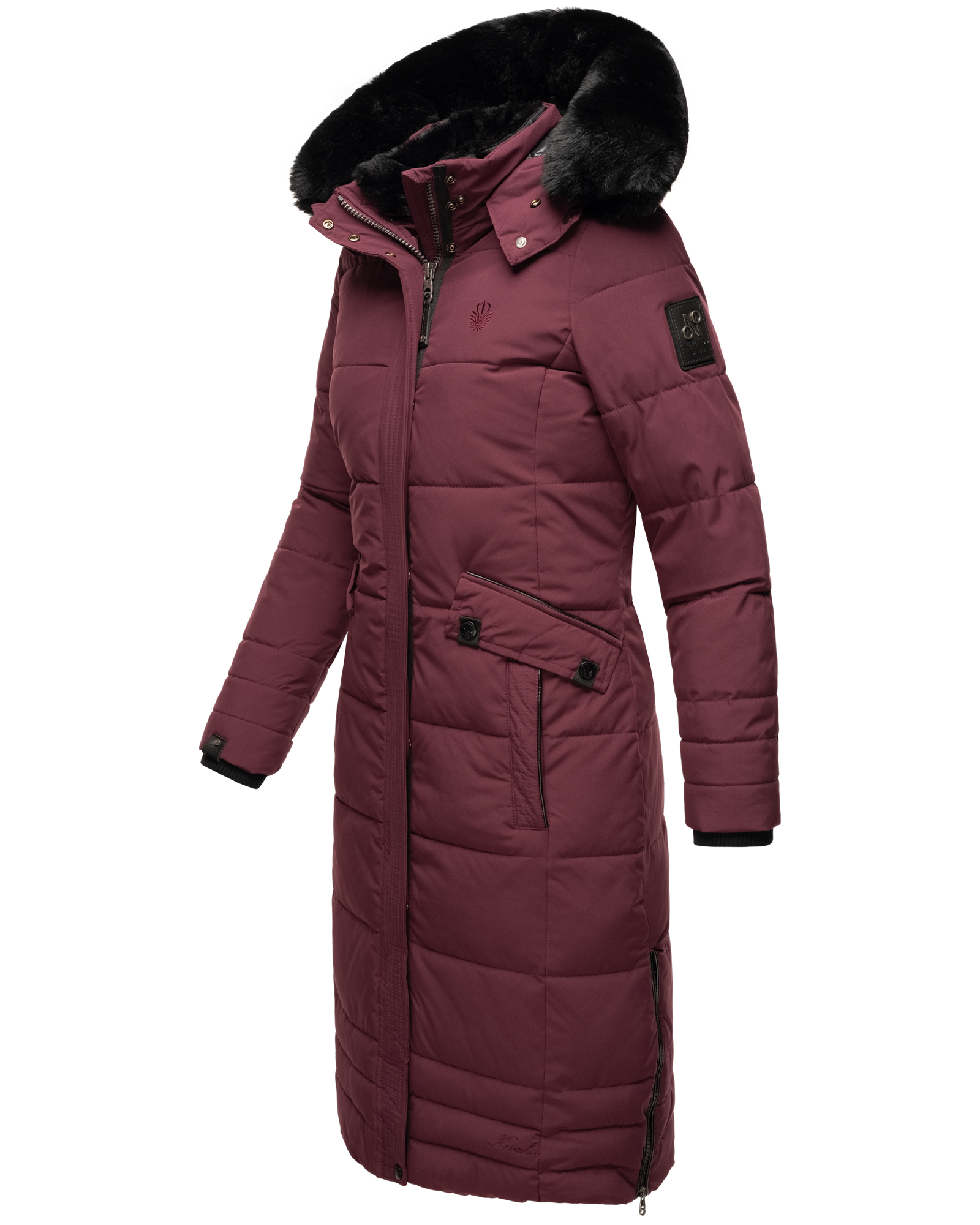 Navahoo Fahmiyaa Damen lange Winterjacke Mantel mit Kapuze Weinrot Gr. 38 - M