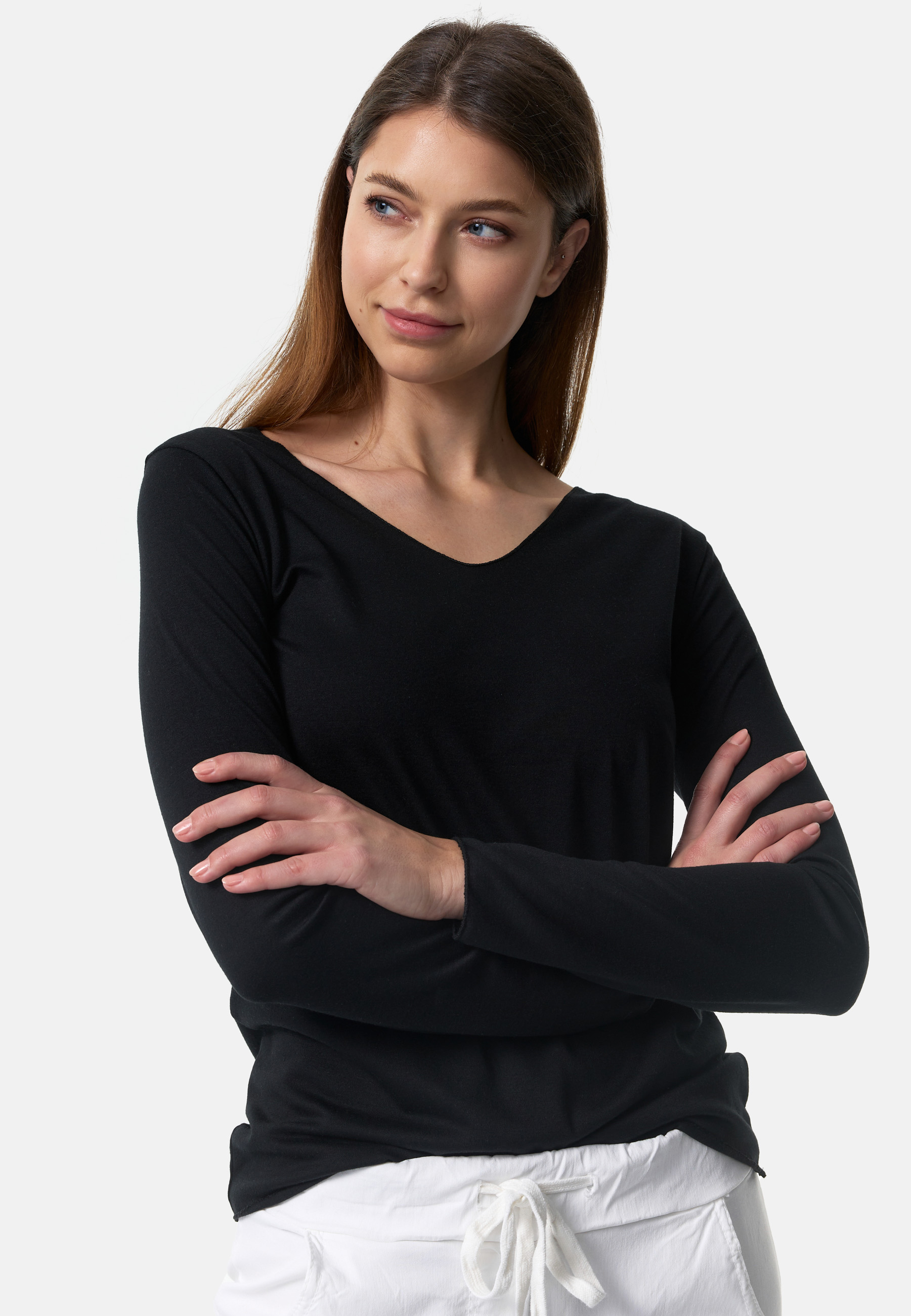 PM SELECTED Legeres Damen Langarm Shirt mit V-Ausschnitt Schwarz PM16 Einheitsgröße Gr. 34-38