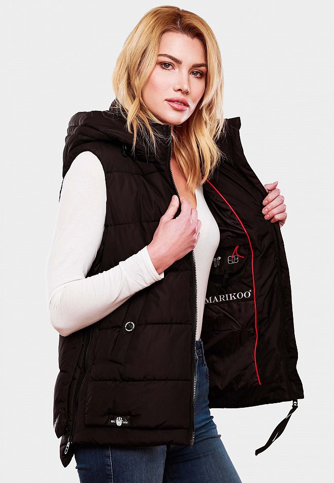 Marikoo Zarinaa Damen Übergangsweste Steppweste mit Kapuze Schwarz Gr. 34 - XS