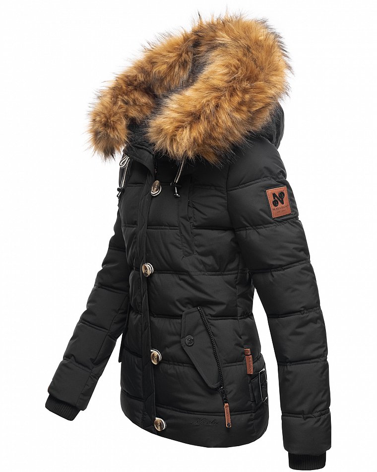Navahoo Zoja Damen Winterjacke Steppjacke mit abnehmbarem Kunstfell Schwarz 44 - XXL
