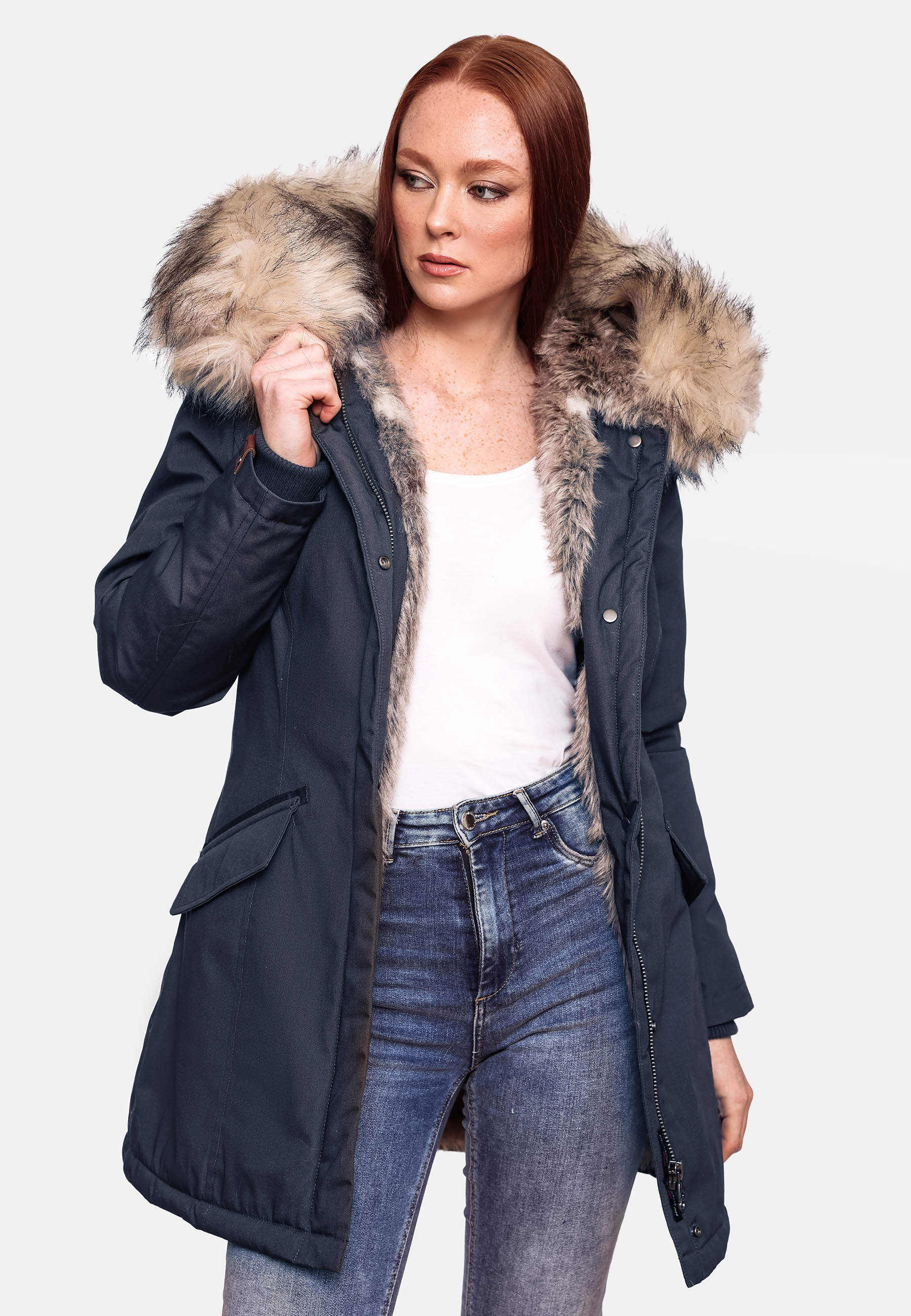 Navahoo Cristal Winterjacke Winterparka mit Kapuze & Kunstfell Navy Gr. 42 - XL