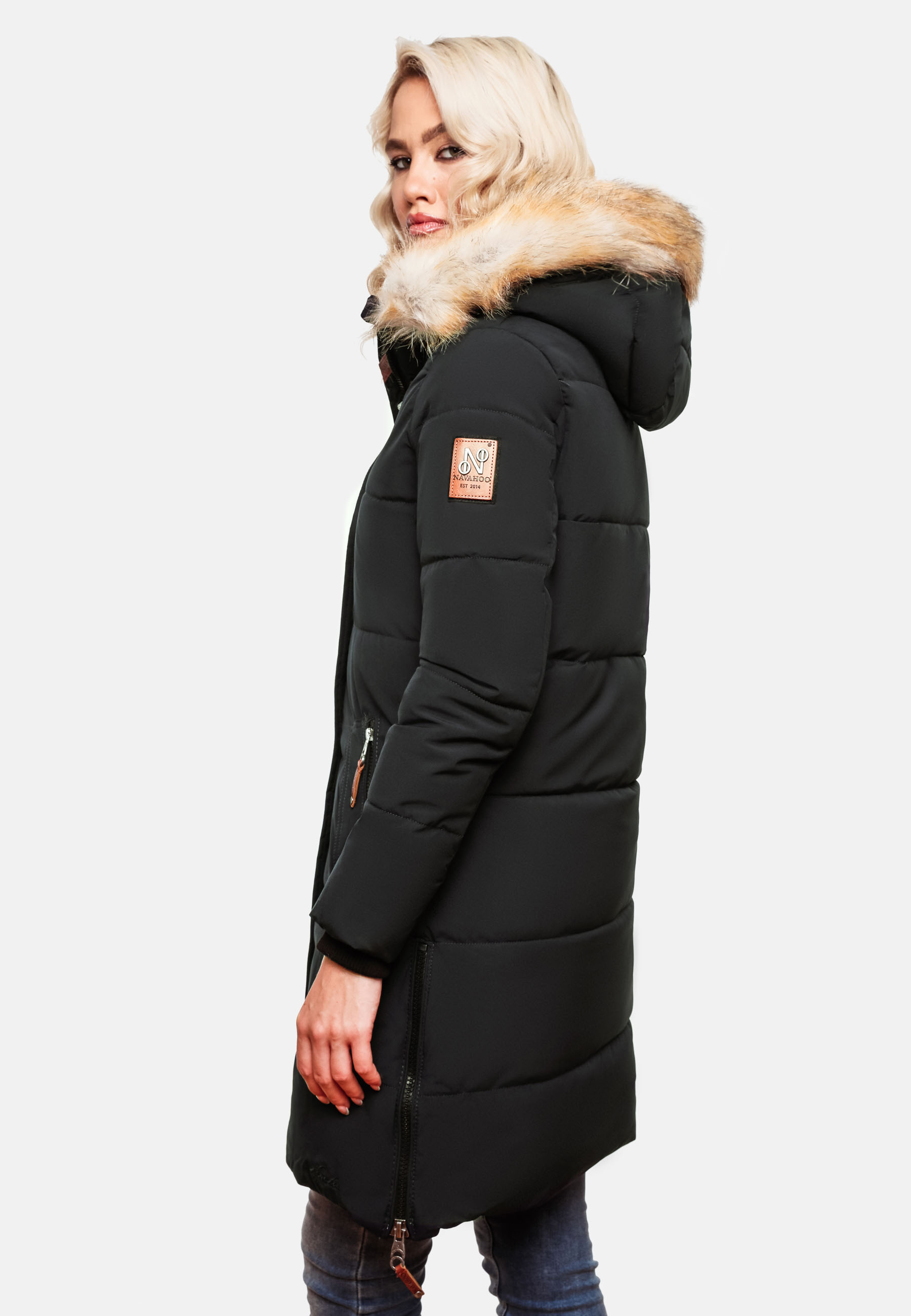 Navahoo Halina Damen Winter Steppmantel Parka mit Kunstfell Schwarz Gr. 36 - S