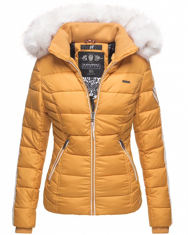 Navahoo Sportliche Damen Winter Steppjacke mit Weißem Kunstpelzkragen Khingaas Gelb Gr. 38 - M