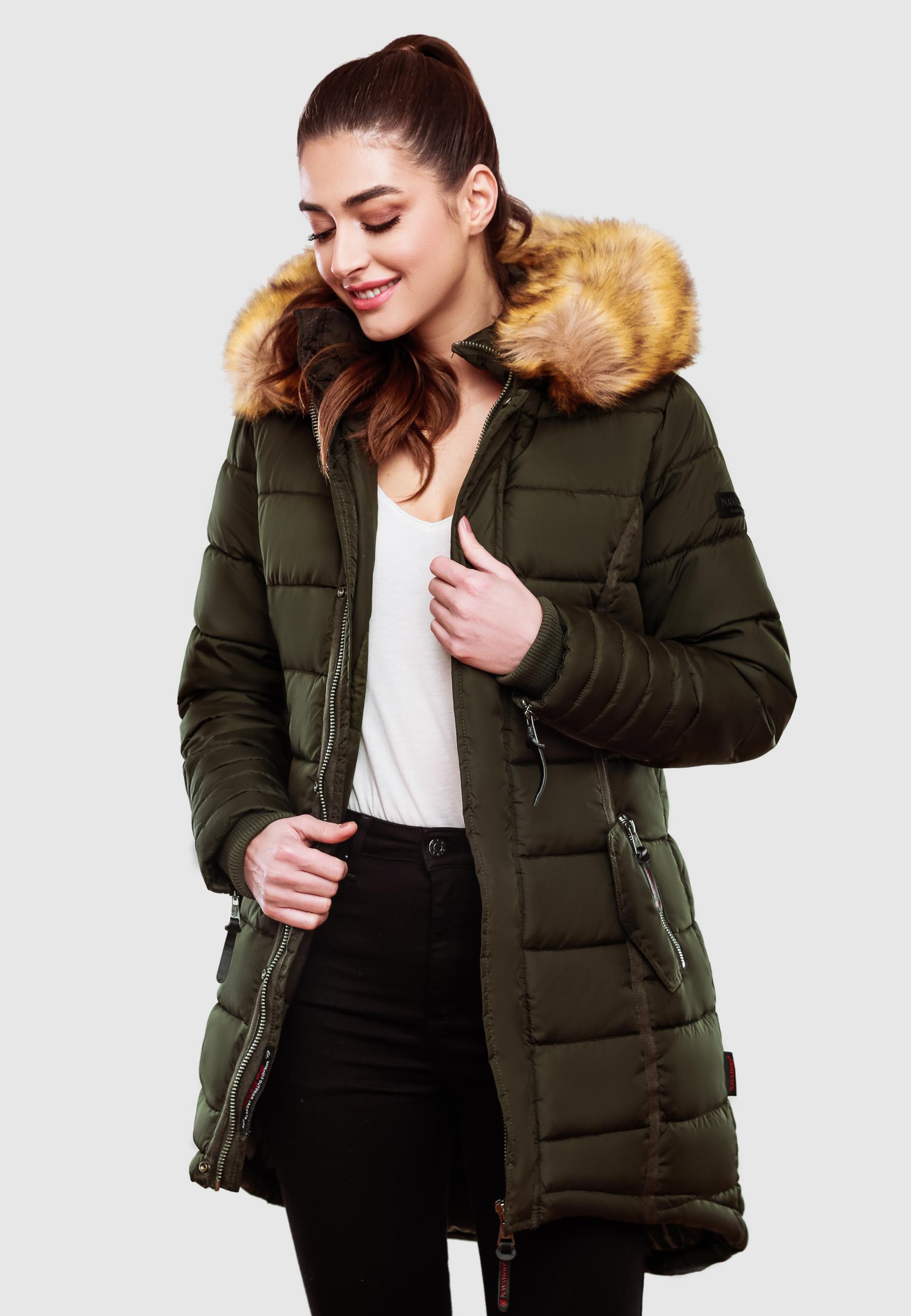 Navahoo Papaya Winter Mantel Steppjacke Gefüttert Mit Kapuze Olive Gr. 36 - S