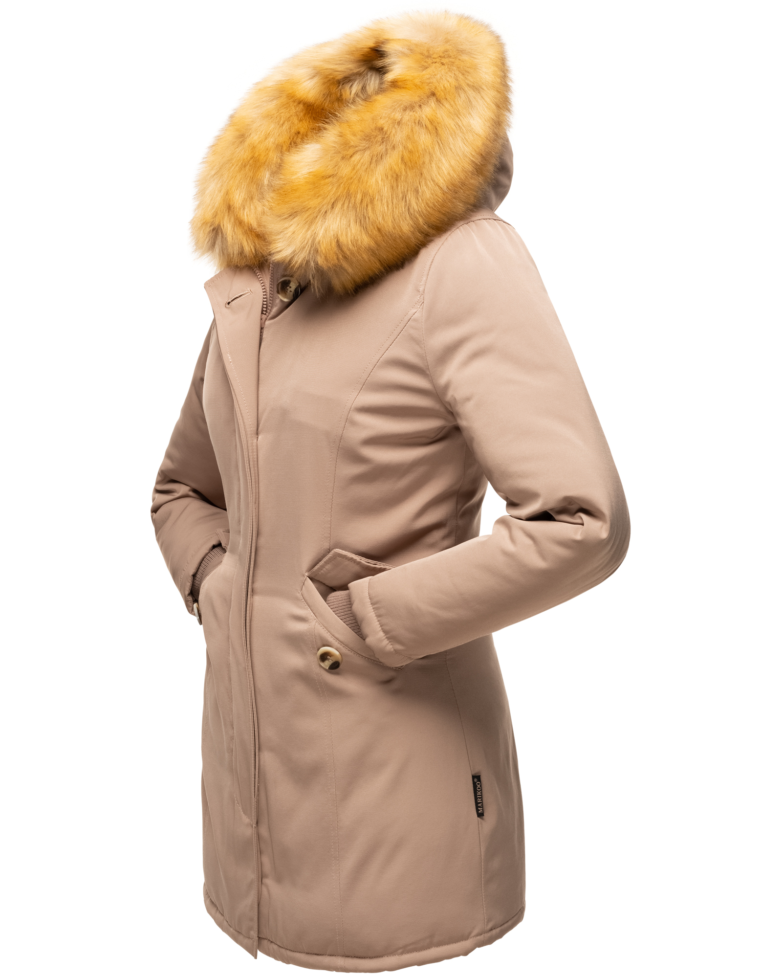 Marikoo Karmaa Eleganter Damen Winter Parka mit Kunstpelz und Kapuze Dunkel Taupe Gr. 34 - XS