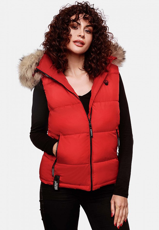 Marikoo Eisflöckchen Damen Winter Steppweste mit Kunstfell Rot Gr. 34 - XS