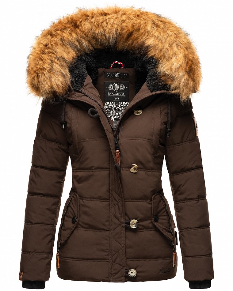 Navahoo Zoja Damen Winterjacke Steppjacke mit abnehmbarem Kunstfell Schoko 38 - M