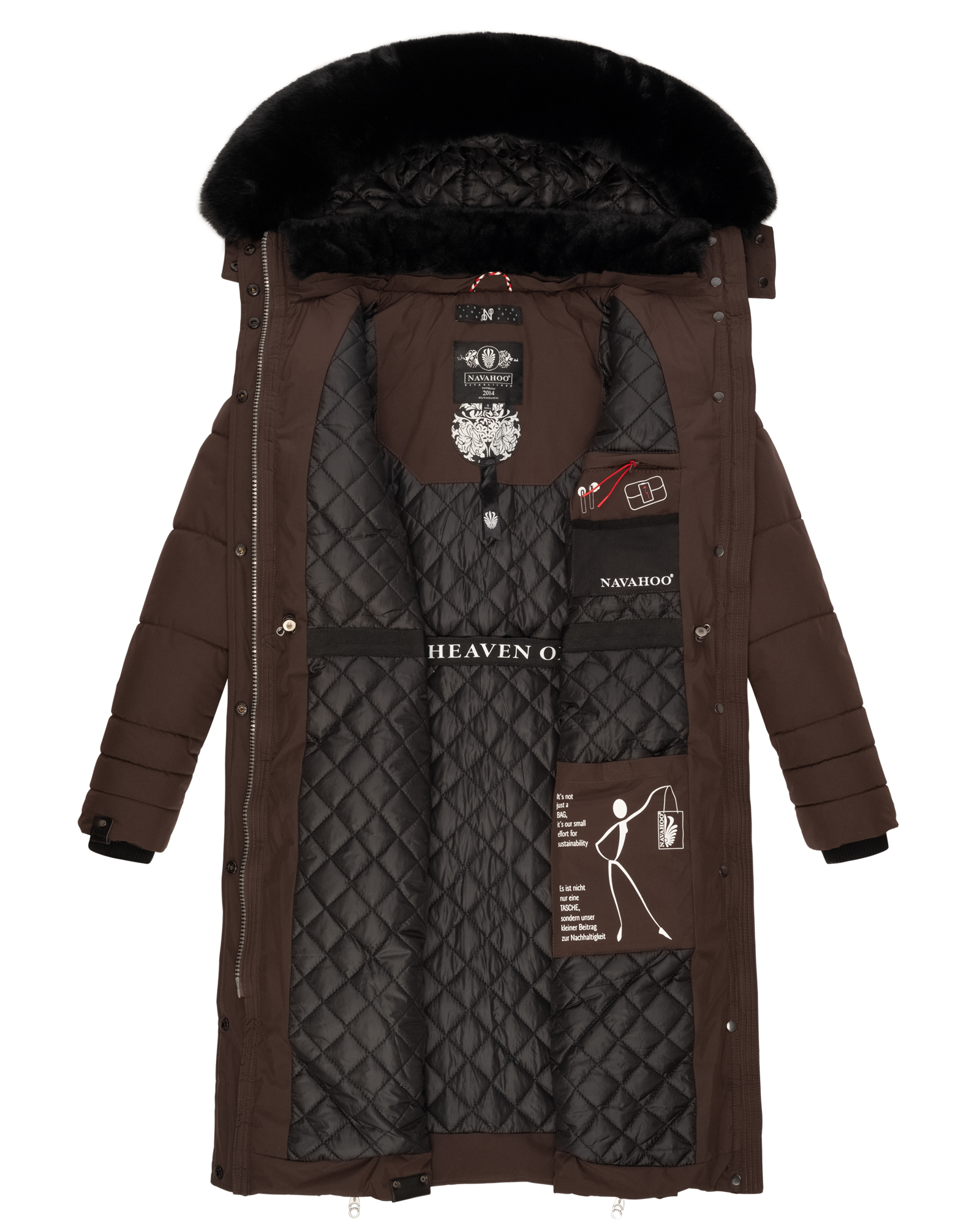 Navahoo Fahmiyaa Damen lange Winterjacke Mantel mit Kapuze Schoko Gr. 40 - L