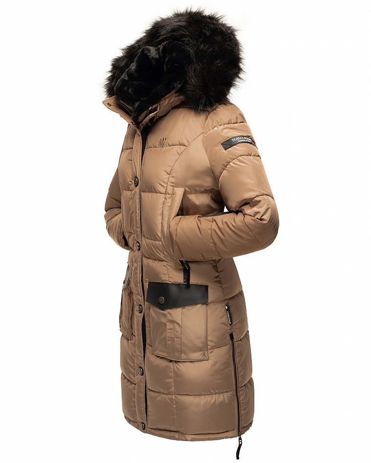 Navahoo Sinja Lange Winter Steppjacke Wintermantel Taupe Gr. 38 - M