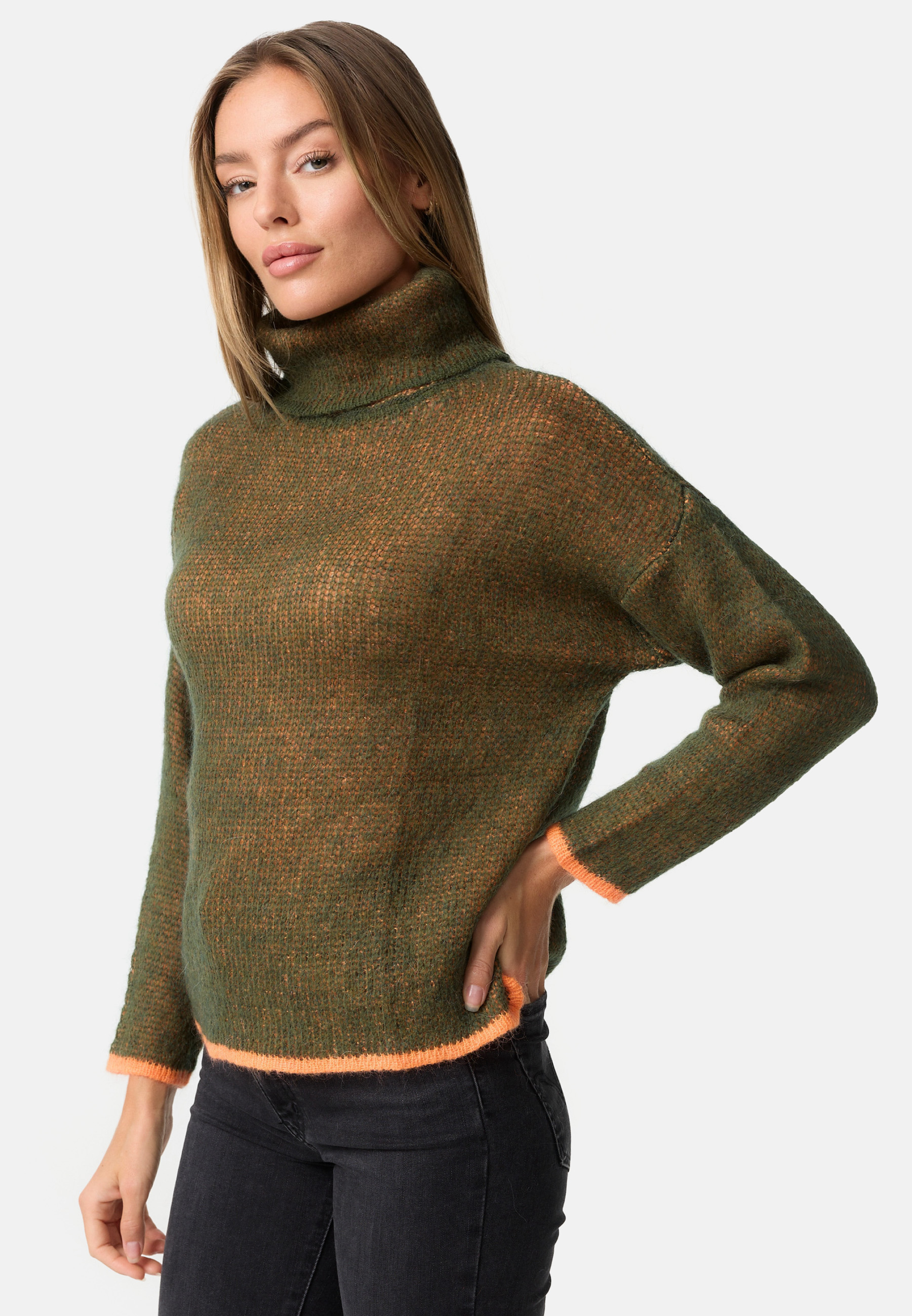 PM SELECTED Edler Damen Rollkragen Strickpullover mit Mohair Anteil PM70 Olive Einheitsgröße Gr. 34 - 38 