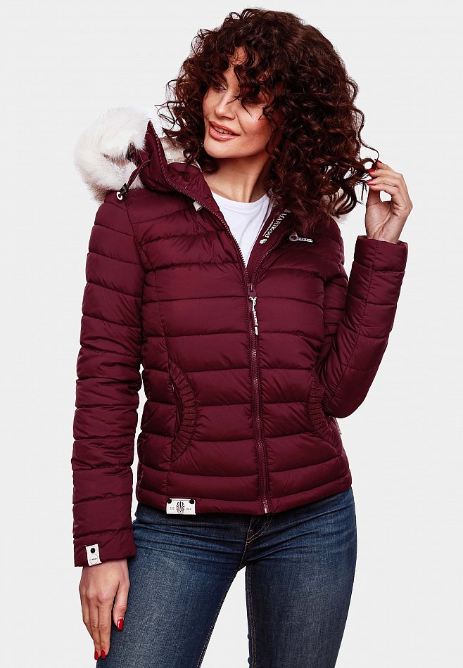 Marikoo Nasriin Damen Übergangsjacke Steppjacke mit Kunstfell Wine Gr. 40 - L