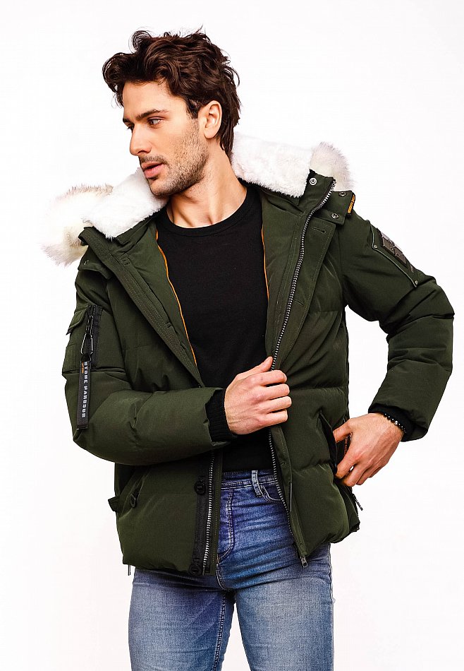 Stone Harbour Halvaar Herren Winterjacke gesteppt Olive mit Weißem Kunstfell Gr. 46 - S