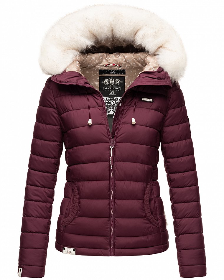 Marikoo Nasriin Damen Übergangsjacke Steppjacke mit Kunstfell Wine Gr. 34 - XS