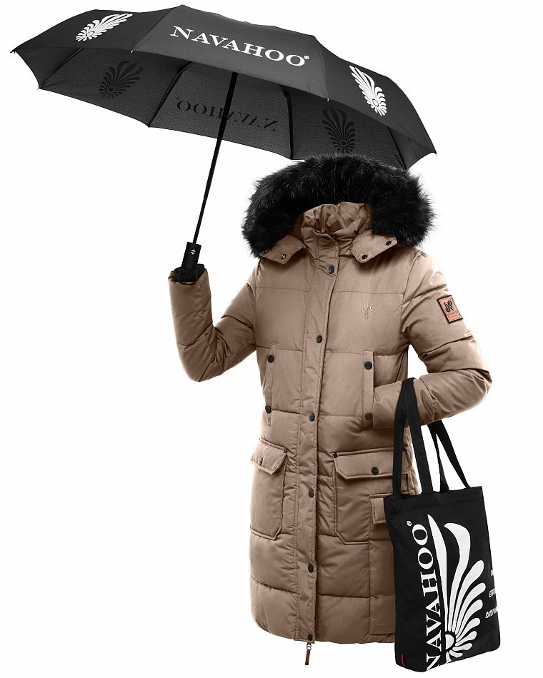Navahoo Cosimaa Damen Wintermantel mit Teddyfell Gefüttert inkl. Regenschirm Taupe Gr. 36 - S