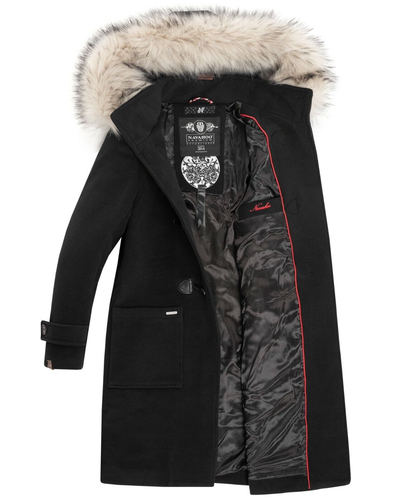 Navahoo Oksana Damen Winter Trenchcoat mit Kunstfell Schwarz Gr. 34 - XS