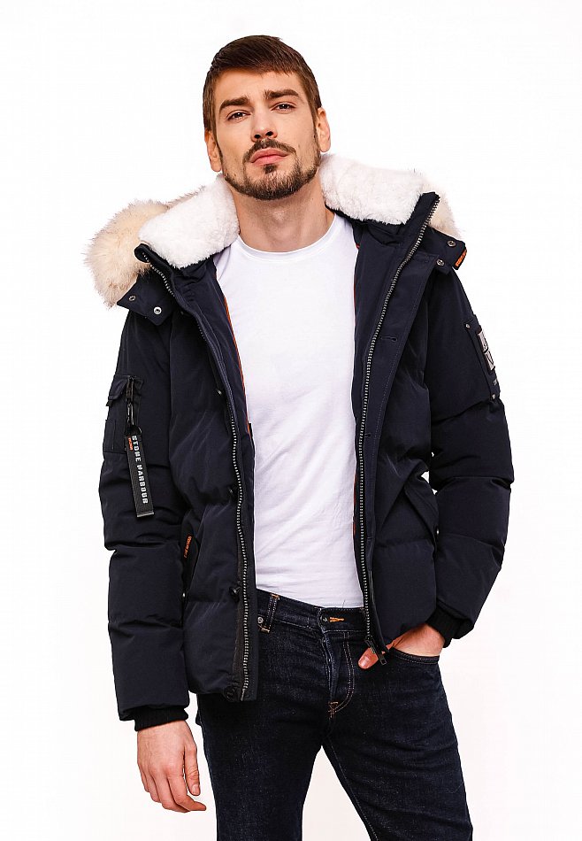 Stone Harbour Halvaar Herren Winterjacke gesteppt Navy mit Weißem Kunstfell Gr. 50 - L