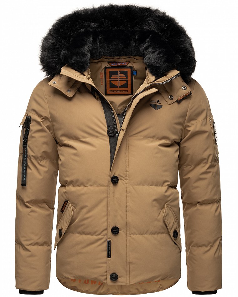 Stone Harbour Halvaar Herren Winterjacke gesteppt Braun mit Schwarzem Kunstfell Gr. 50 - L