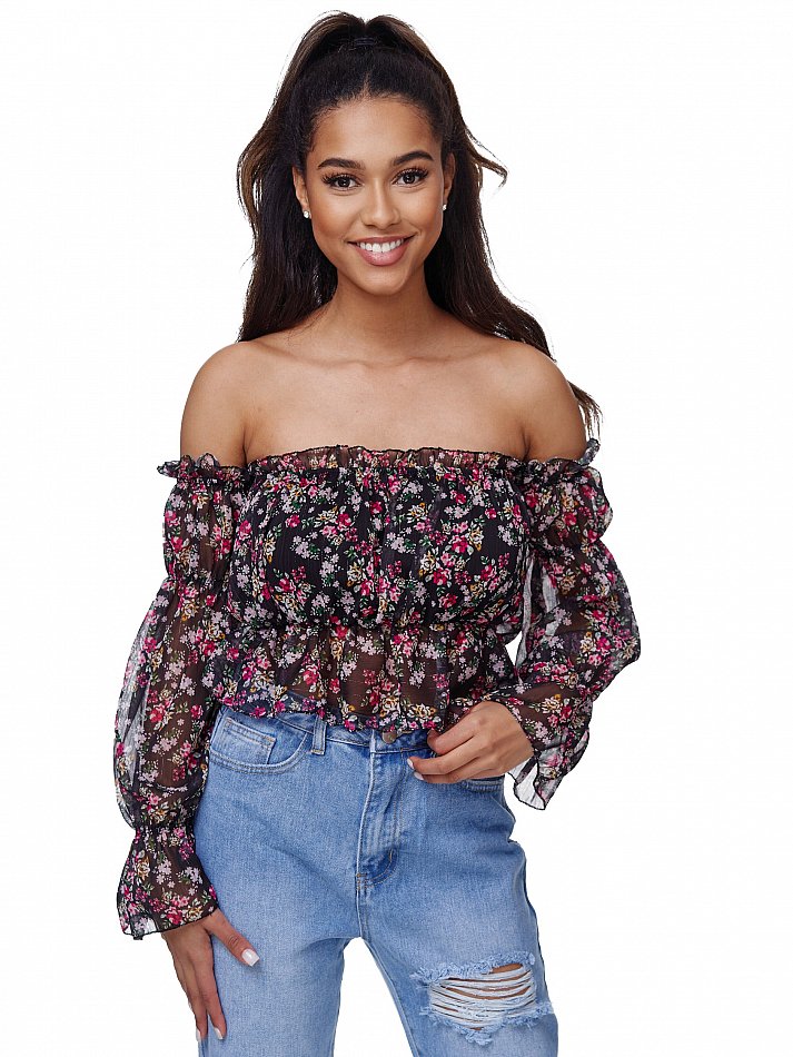 Damen Shoulder Carmen Top mit floralem Print Schwarz Einheitsgröße Gr. 34 - 38 RS02