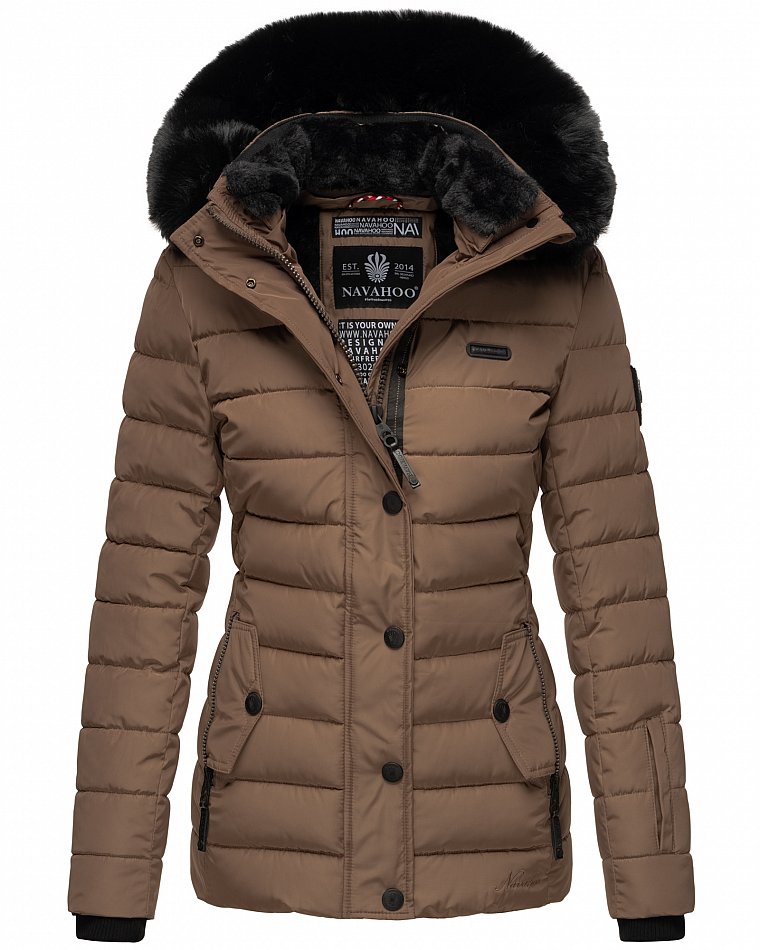 Navahoo Milianaa Damen Winter Steppjacke gefüttert Kapuze mit Kunstfell Taupe Gr. 34 - XS