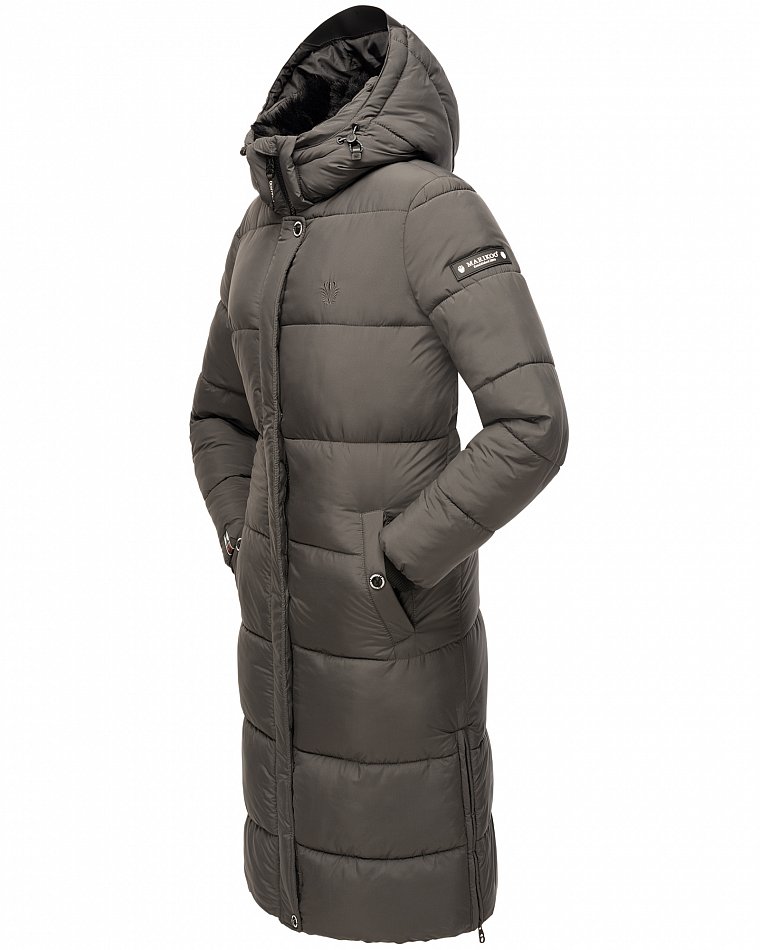 Marikoo langer Damen Winter Steppmantel mit Kapuze und Teddyfell Futter Reliziaa Anthrazit Gr. 38 - M