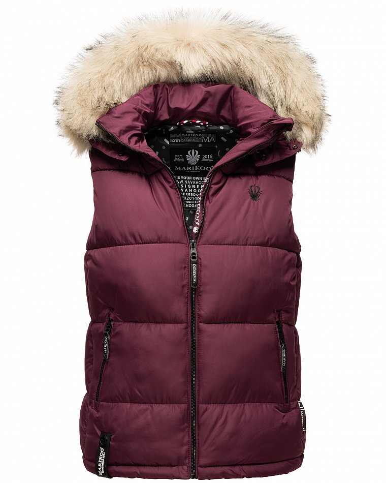 Marikoo Eisflöckchen Damen Winter Steppweste mit Kunstfell Wine Gr. 34 - XS