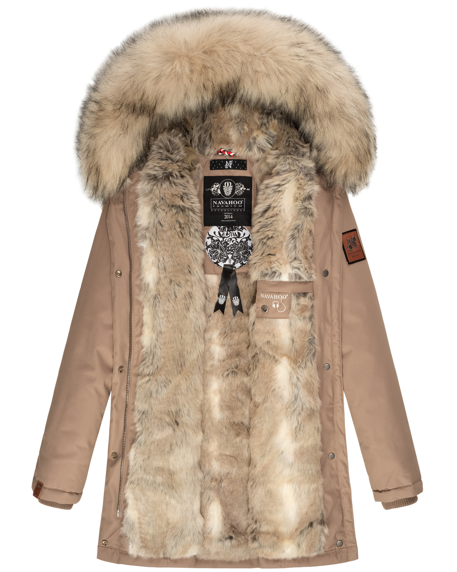 Navahoo Cristal Winterjacke Winterparka mit Kapuze & Kunstfell Taupe Gr. 38 - M