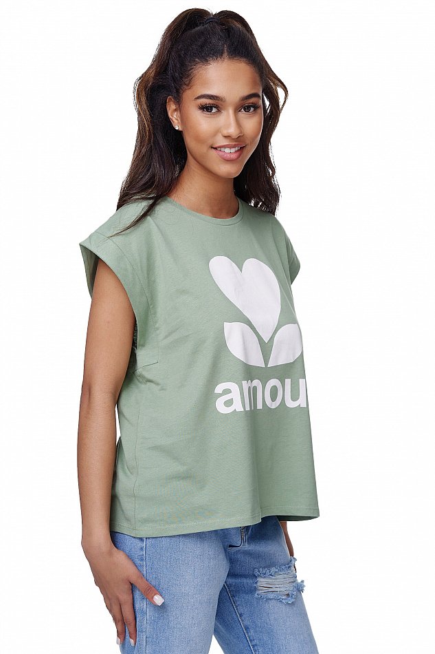 Damen Casual Kurzarm T-Shirt mit Amour Print Mint Einheitsgröße RS01