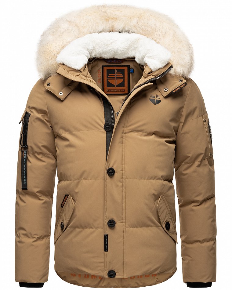 Stone Harbour Halvaar Herren Winterjacke gesteppt Braun mit Weißem Kunstfell Gr. 48 - M