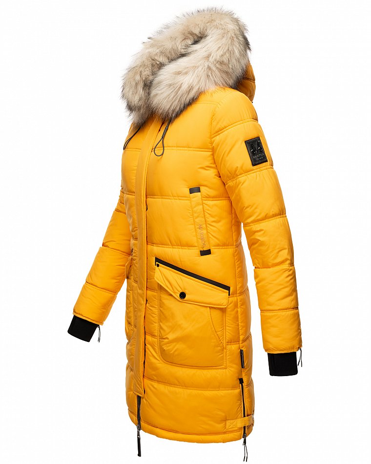 Marikoo Chaskaa Damen Winter Steppmantel Parka mit Kapuze & Kunstfell Gelb Gr. 38 - M
