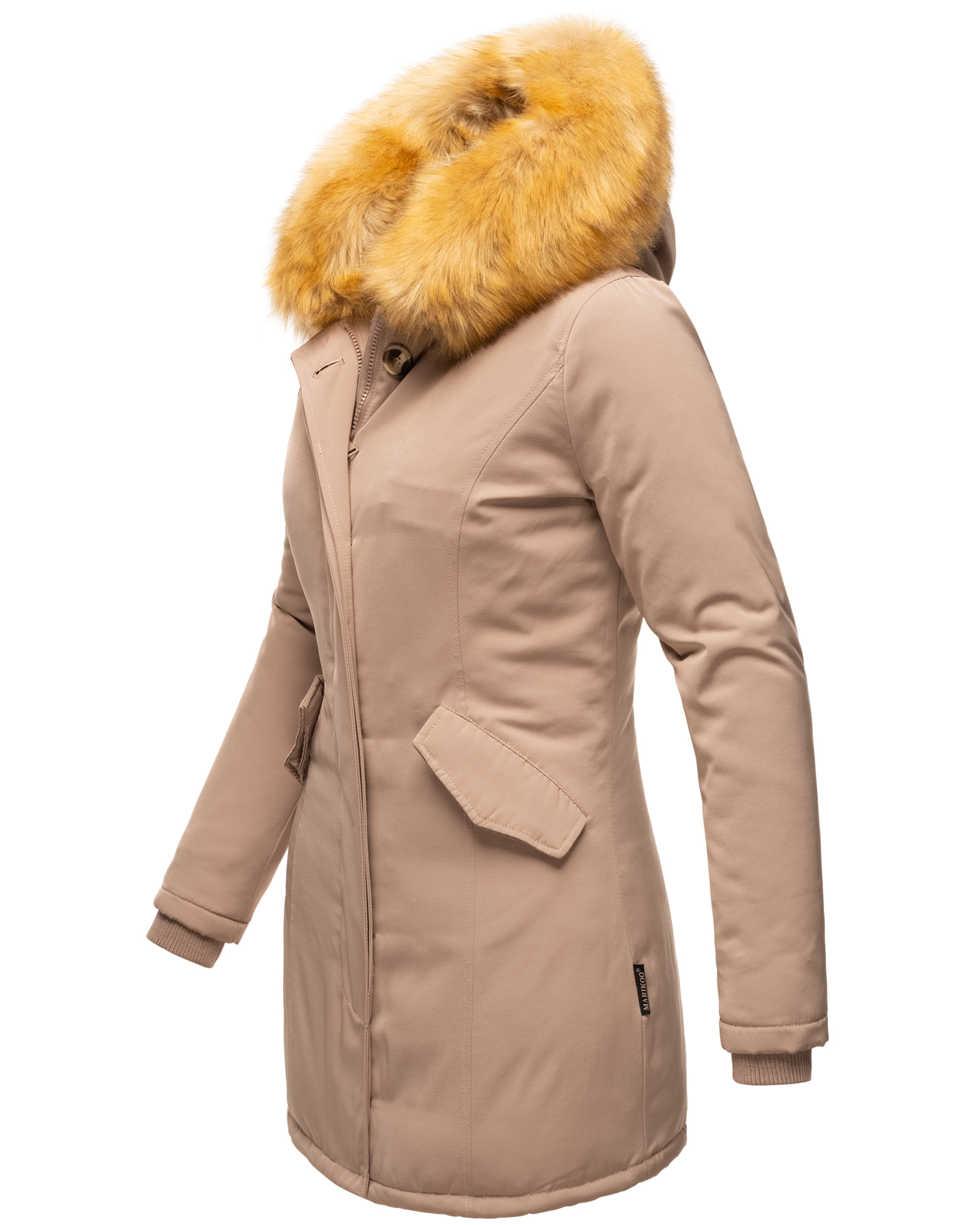 Marikoo Karmaa Eleganter Damen Winter Parka mit Kunstpelz und Kapuze Dunkel Taupe Gr. 34 - XS