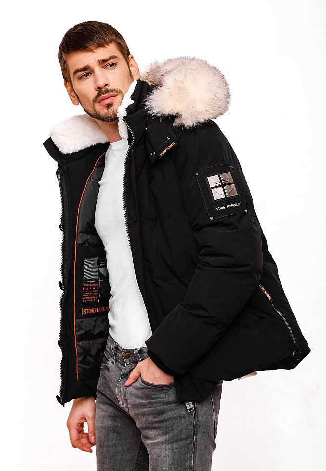 Stone Harbour Halvaar Herren Winterjacke gesteppt Schwarz mit Weißem Kunstfell Gr. 48 - M