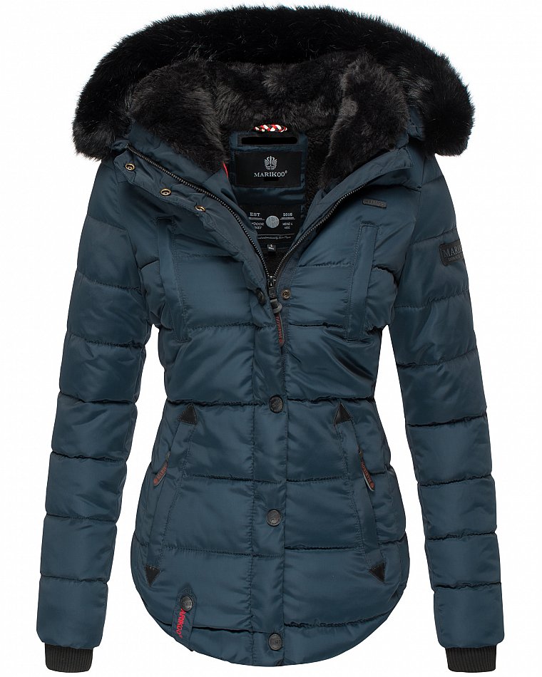 Marikoo Lotusblüte Damen Winter Stepp Jacke mit Kapuze & Kunstfell Blau Gr. 36 - S