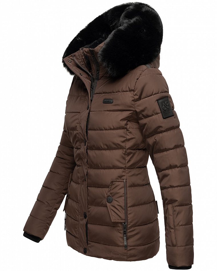 Navahoo Milianaa Damen Winter Steppjacke gefüttert Kapuze mit Kunstfell Schoko Gr. 34 - XS