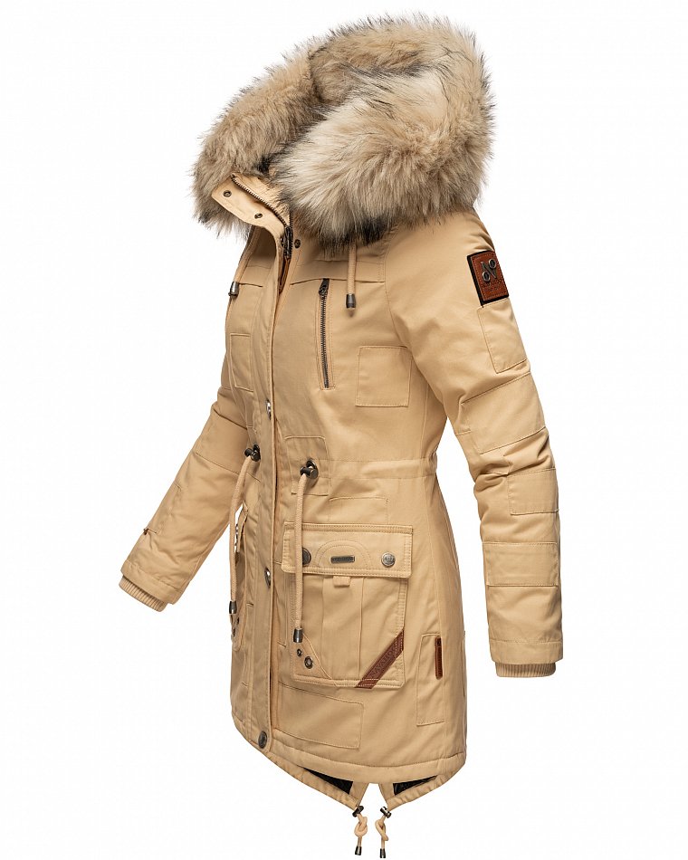 Navahoo Honigfee Damen Winterjacke Parka mit Kunstfell  & Kapuze Beige Gr. 38 - M