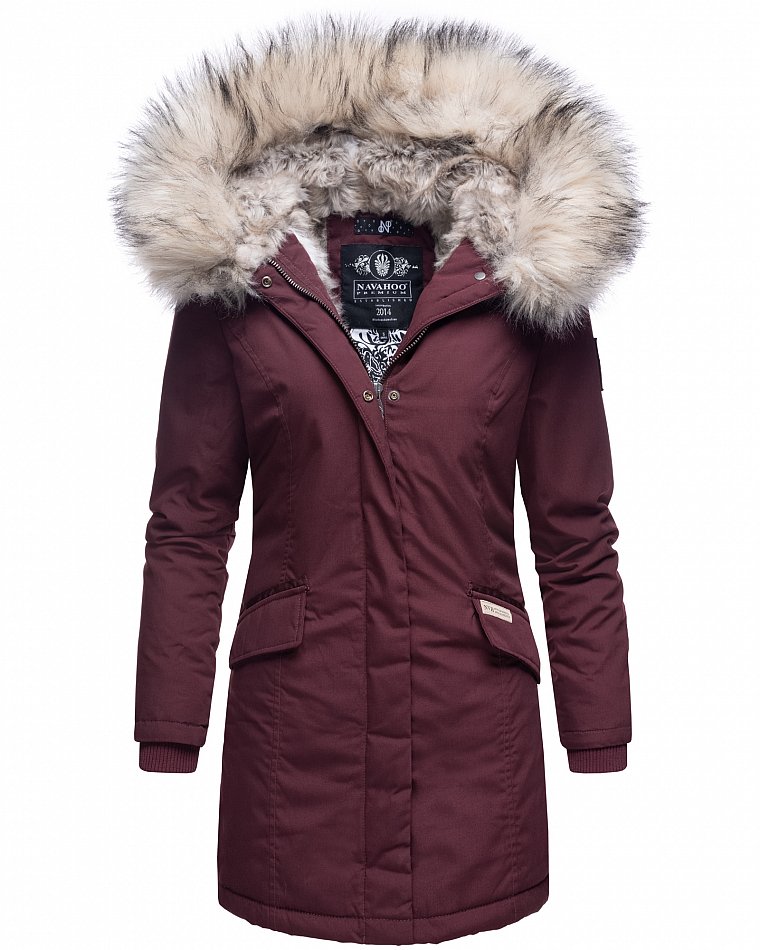 Navahoo Cristal Winterjacke Winterparka mit Kapuze & Kunstfell Weinrot Gr. 36 - S