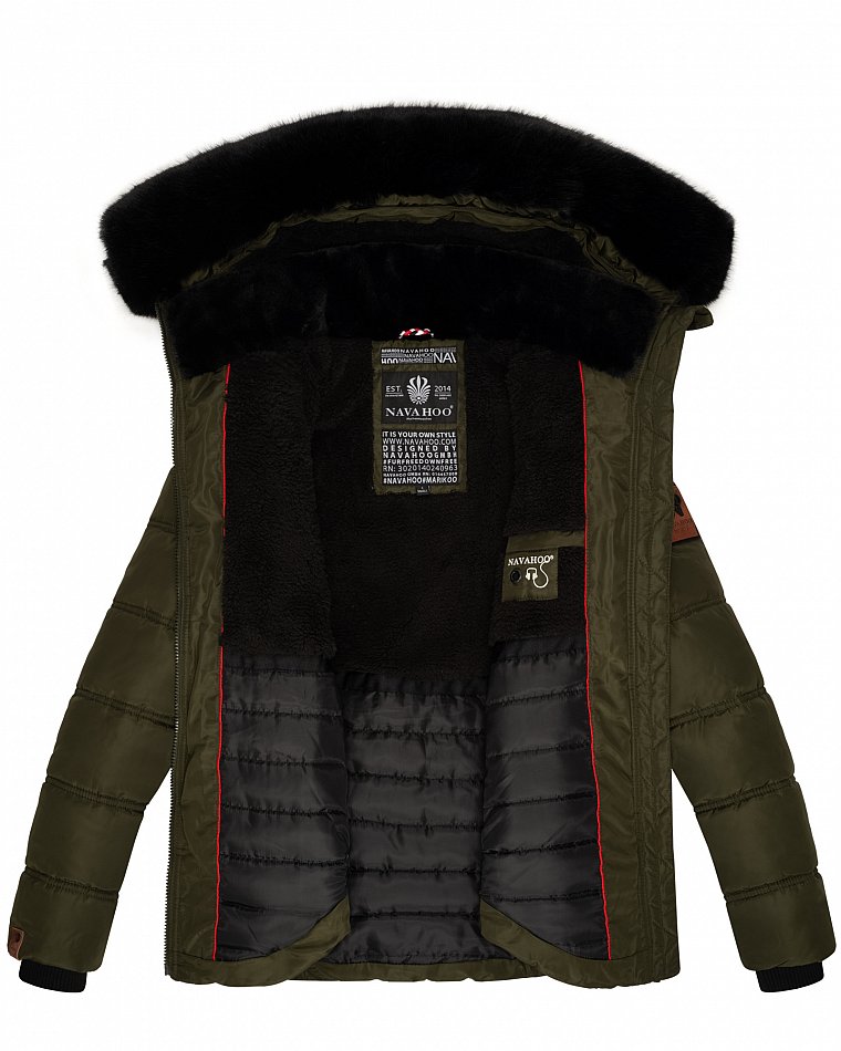 Navahoo Melikaa Damen Winterjacke Steppjacke mit Kunstfellkragen Olive Gr. 42 - XL