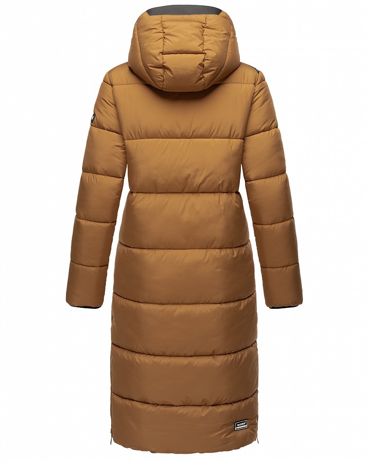 Marikoo langer Damen Winter Steppmantel mit Kapuze und Teddyfell Futter Reliziaa Camel Gr. 34 - XS