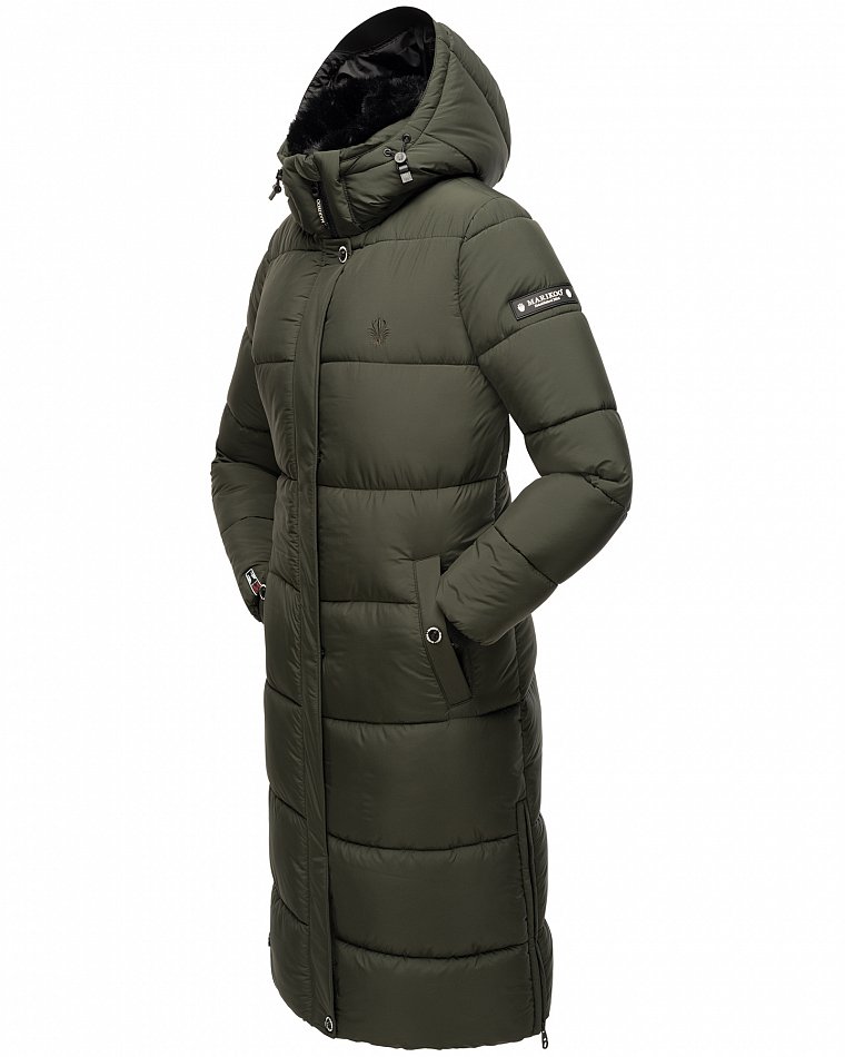 Marikoo langer Damen Winter Steppmantel mit Kapuze und Teddyfell Futter Reliziaa Dark Olive Gr. 34 - XS