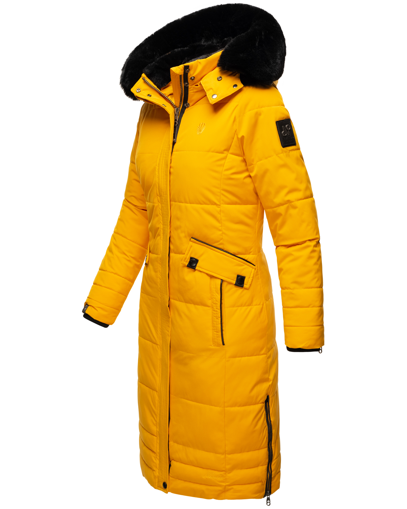 Navahoo Fahmiyaa Damen lange Winterjacke Mantel mit Kapuze Gelb Gr. 40 - L