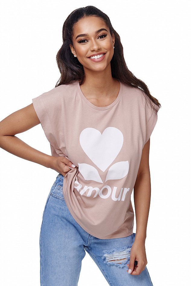Damen Casual Kurzarm T-Shirt mit Amour Print Beige Einheitsgröße RS01