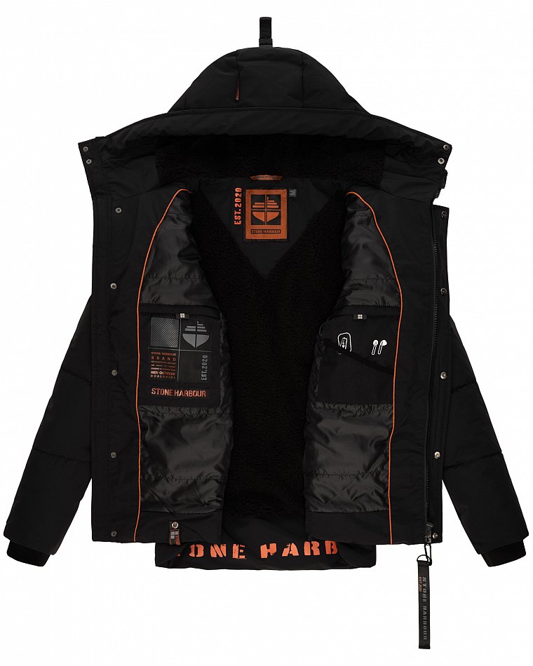 Stone Harbour Admaroo Herren Winterjacke gesteppt mit Kapuze Schwarz Gr. 46 - S