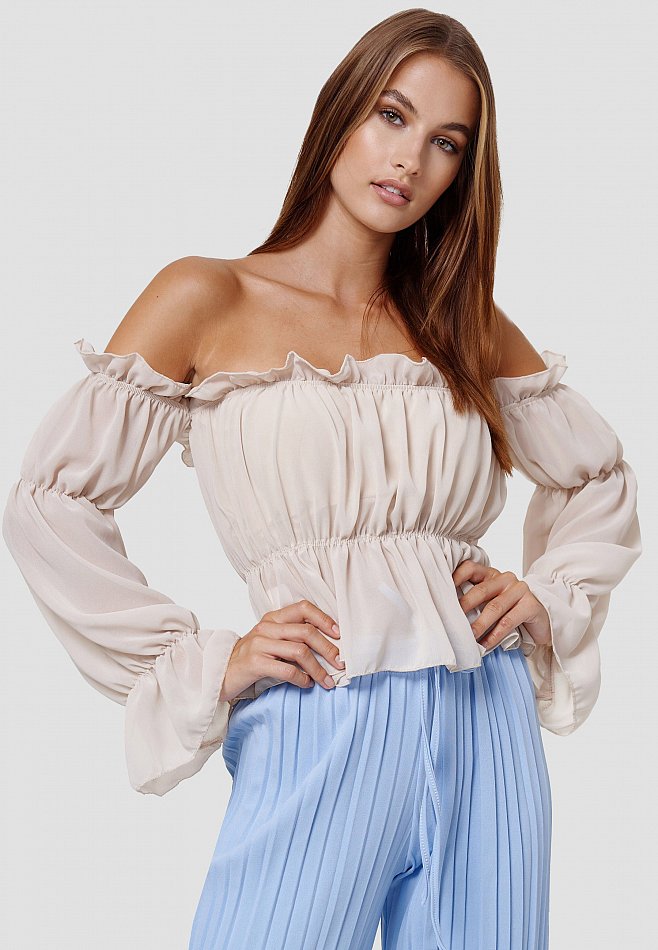 Damen Süßes Sommer schulterfreies Top im bauchfreien Carmen Look Beige RS20