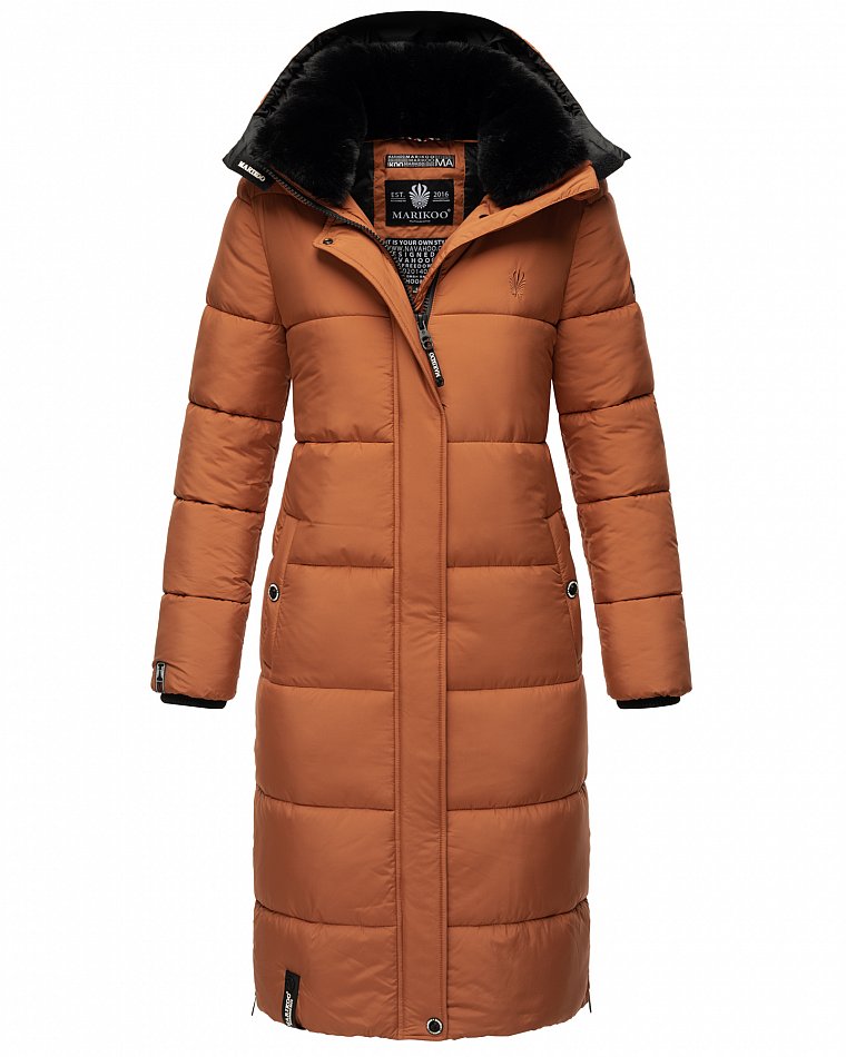 Marikoo langer Damen Winter Steppmantel mit Kapuze und Teddyfell Futter Reliziaa Rusty Cinnamon Gr. 34 - XS