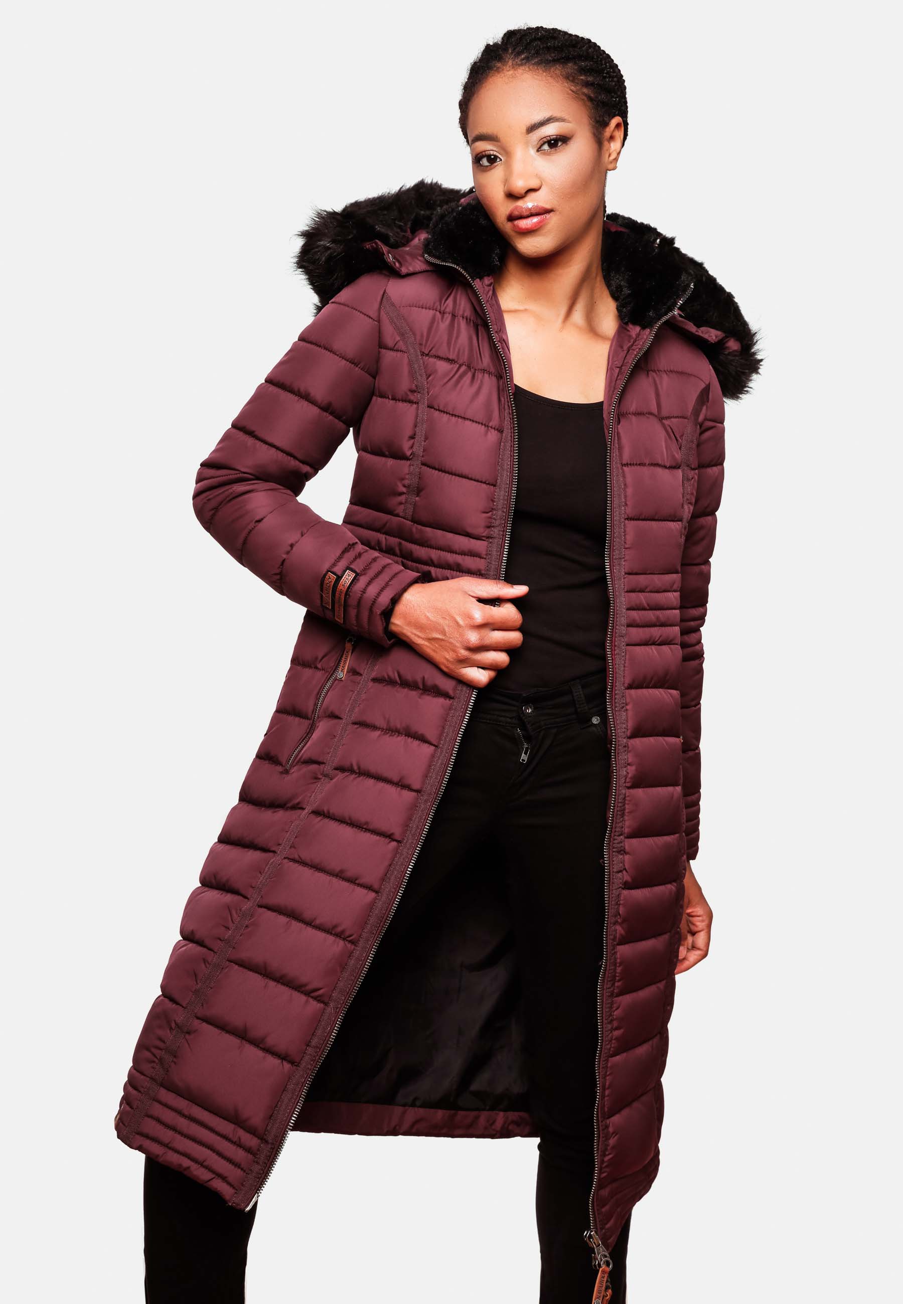 Navahoo Umay Damen Steppmantel Winterjacke mit Fellkragen Wine Gr. 34 - XS