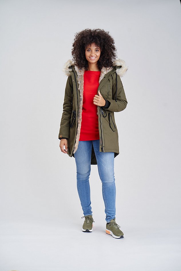 Navahoo Bombii Damen Wintermantel Parka mit Kunstfell & Kapuze Olive Gr. 38 - M