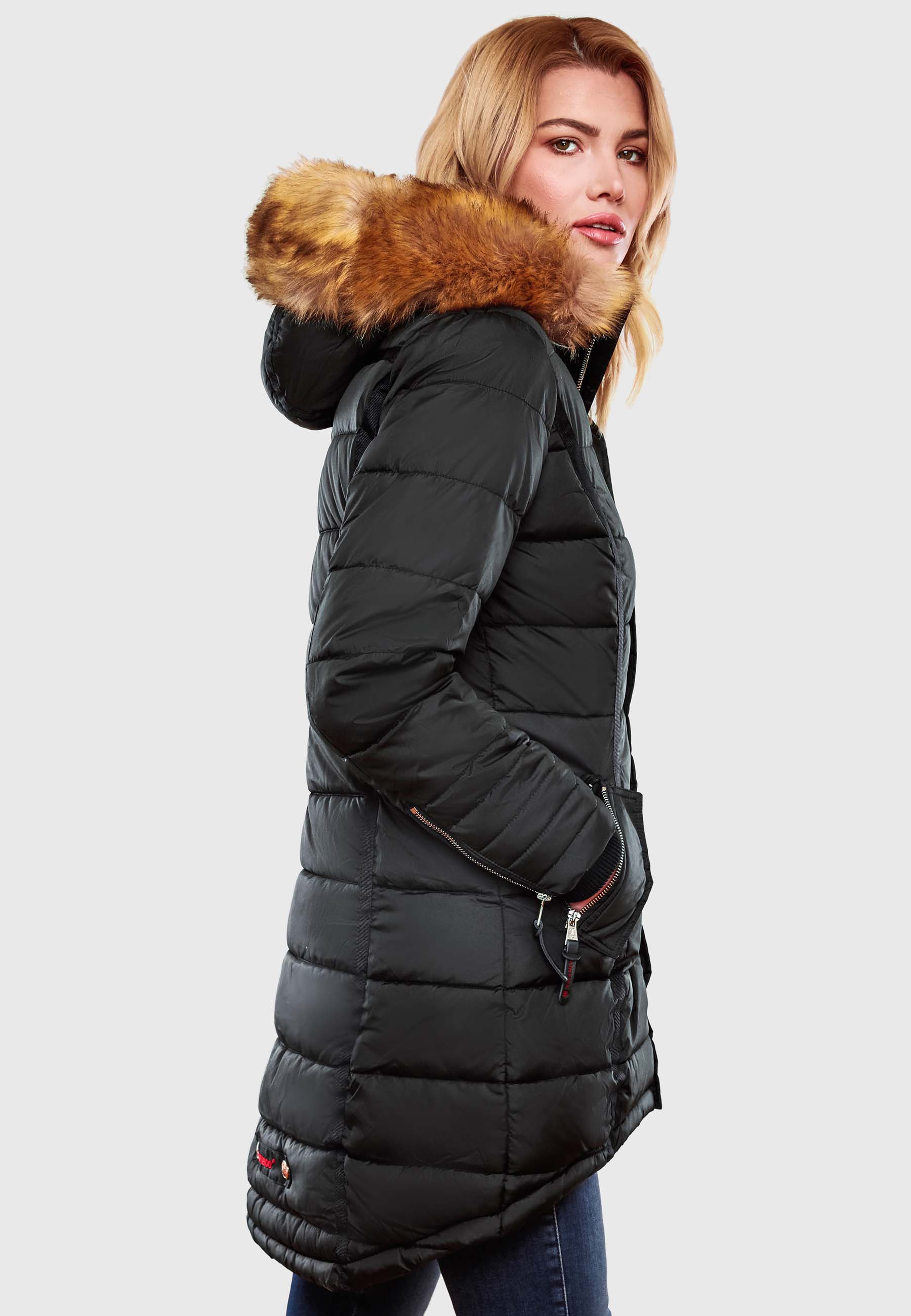 Navahoo Papaya Winter Mantel Steppjacke Gefüttert Mit Kapuze Schwarz Gr. 38 - M